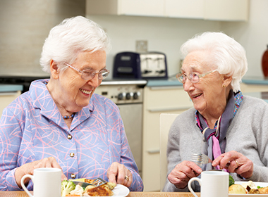 Two ladies chatting amicably over a meal